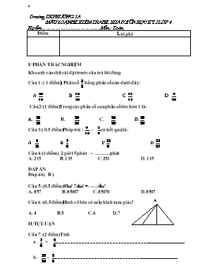 Đề kiểm tra đề xuất giữa học kì II Toán lớp 4